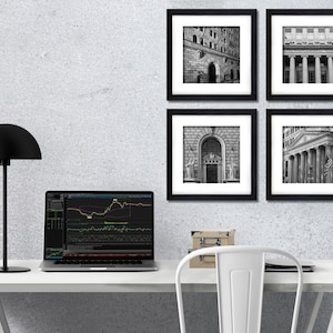 Federal Reserve Bank Building Wall Street Stock Market Wall Decor ensemble de 4 impressions artistiques sans cadre