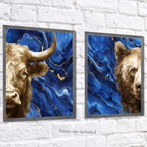 Bull and Bear Art with Blue Marble Abstract Background, Day Trader Decor, Options Trader Gift, Stock Market Wall Decor