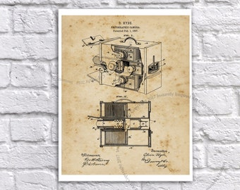 May include: A vintage patent drawing for a photographic camera, dated 1st February 1887. The drawing shows a detailed illustration of the camera's internal mechanisms, including the lens, shutter, and film holder. The patent is titled "Photographic Camera" and was invented by O. Hyde.