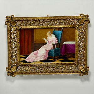 Lady in Pink Painting on Porcelain Plaque, in Brass Frame — French