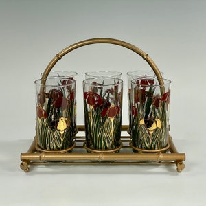 Six Vintage Culver Cinnabar Iris High Ball Glassware Set With Gold Faux Bamboo Caddy.  22K Gold Accents On Gorgeous Iris Flowers