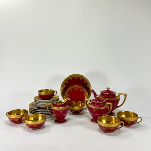 Noritake Crimson & Gold Hand Painted Teapot Set, of 6
