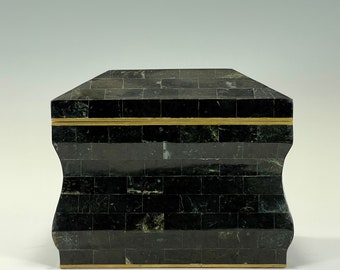 Signed Karl Springer Mid-Century Tessellated Box With Shagreen Lined Interior, Brass Trim