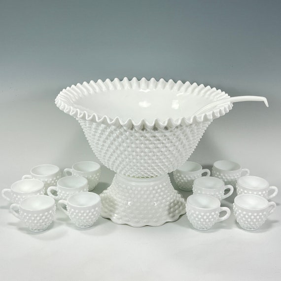 Vintage Fenton Milk Glass Hobnail Punch Bowl With 12 Cups Etsy
