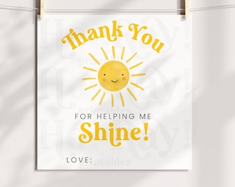 Étiquette-cadeau de remerciement pour professeur Sunshine, imprimable, merci de m'avoir aidé à briller, cadeau de remerciement, fin d'école, cadeau de mentor à la garderie pour nounou