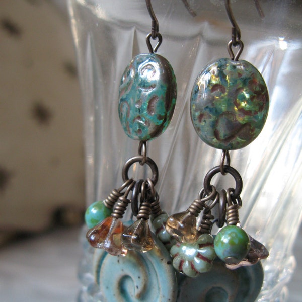 turquoise earrings, aqua earrings, blue green earrings, swirly earrings, ornate earrings, eclectic earrings, beach earrings - Tidal Wave