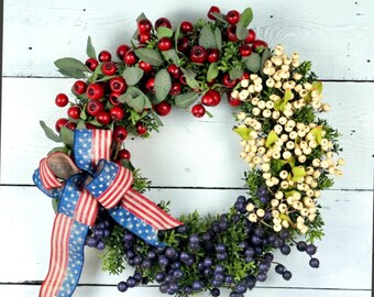 Americana Wreath, Patriotic Wreath, Fourth of July Wreath, Independence Day Wreath, Red White Blue Wreath, Patriotic Summer Wreath