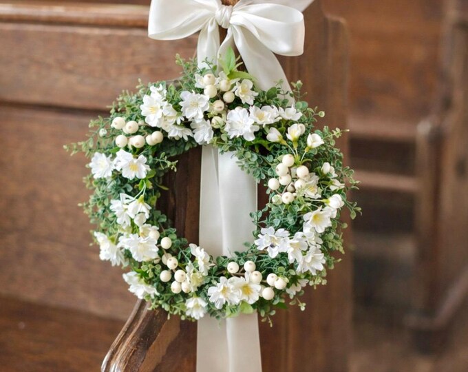 White Flower Candle Wreath, White Kitchen Cabinets, White Berry Wreath, White Wedding Pew Wreath
