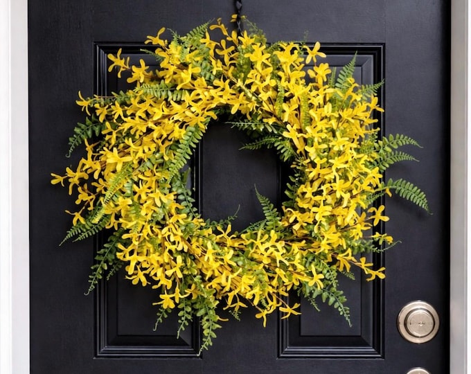 Yellow Forsythia Door Wreath, Spring Summer Floral Arrangement, Gold Chain Design