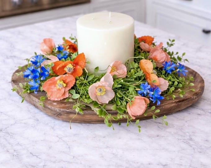 Spring Candle Ring Centerpiece, Floral Candle Wreath, Poppy Table Decor, Summer Farmhouse Centerpiece, Everyday Table Decor