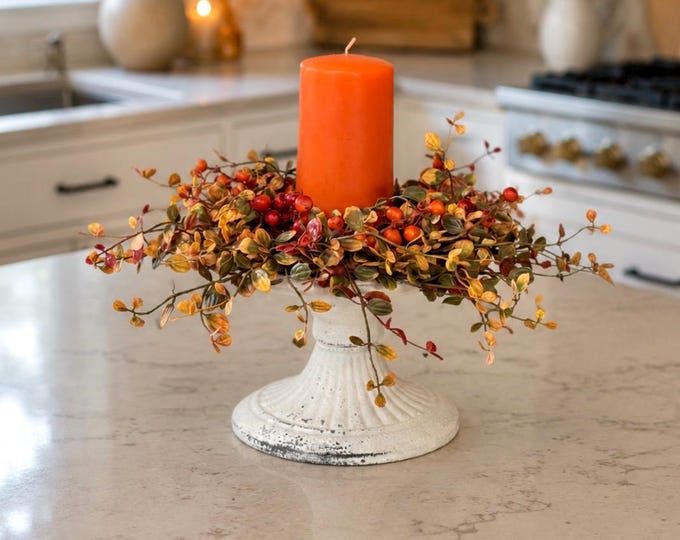 Fall Berry Candle Wreath Ring, Kitchen Centerpiece, Thanksgiving Table Accent
