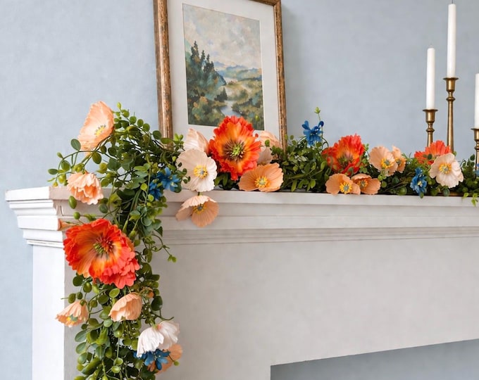 Peach Poppy Garland, Mothers Day Gift, Floral Table Centerpiece, Farmhouse Summer Decor, Wildflower Arrangement