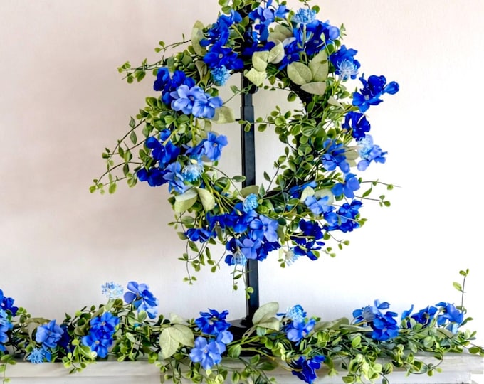 Mothers Day Gift Set, Blue Hydrangea Wreath and Garland: Farmhouse Kitchen Window Decor, Spring Window Wreath