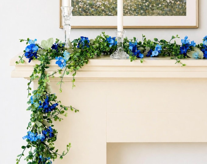 Blue Hydrangea Garland, Farmhouse Kitchen Decor, Summer Floral Centerpiece, Spring Table Decor