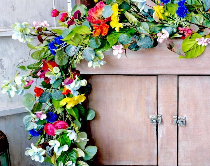 Summer Wildflower Garland, Spring Flower Garland, Summer Wedding Garland, Kitchen Cabinet Garland, Porch Decor, Garden Garland