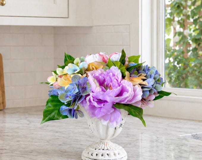 French Country Floral Arrangement, Roses, Ranunculus, Hydrangeas, Table Centerpiece