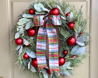 Christmas Door Wreath, Cedar Pine Christmas Door Wreath, Red Plaid Christmas Wreath, Christmas Gift, Farmhouse Christmas