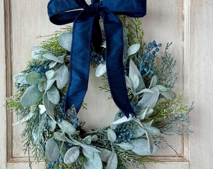 Blue Winter Wreath, Blue Juniper Berry Wreath, Blue Christmas Decor, Apartment Door Wreath, Hanukkah Decor, Kitchen Cabinet Wreath