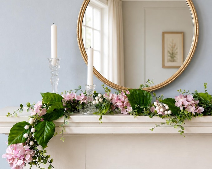 Pink Hydrangea Garland, Summer Floral Table Centerpiece, Farmhouse Kitchen Decor, Wedding Decor
