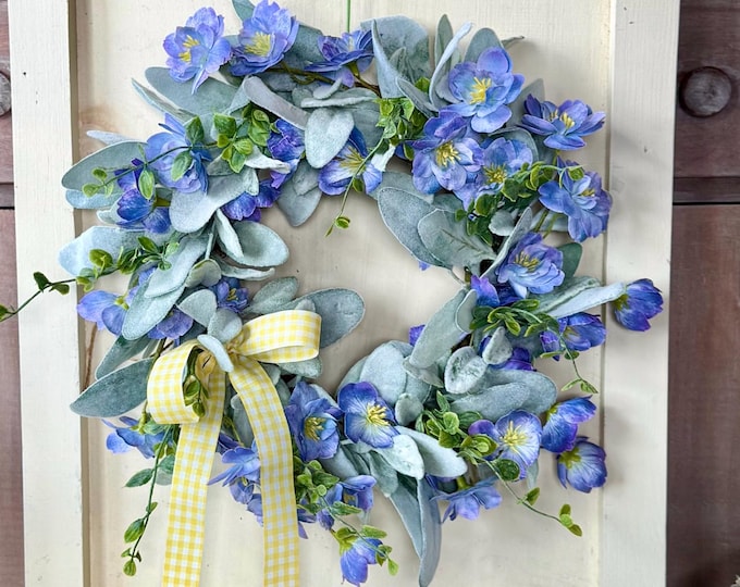 Blue Violet Easter Wreath, Blue Farmhouse Candle Wreath, Window Wreath, Kitchen Cabinets Wreath, Purple Easter Wreath Decor