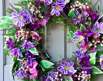 Summer Wreath, Wreath for Front Door, Purple Spring Wreath, Porch Decor, Wildflower Wreath, Door Wreath