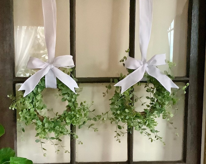 Set of 2 Greenery Wreaths, Small Grapevine Window Cabinet Accent Decor