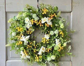 Summer Wreath for Front Door, Blueberry Wreath, Wildflower Decor, Garden Wreath, Rustic Country Farmhouse Wreath