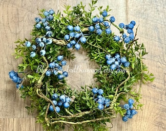 Blueberry and Boxwood Wreath, Farmhouse Berry Boxwood Wreath, Eucalyptus Candle Ring, Kitchen Cabinets, Camper Decor