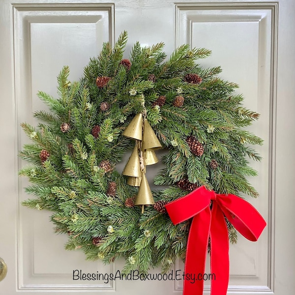 Christmas Pine Door Wreath, White Spruce Pine Wreath, Christmas Window Wreath, Christmas Wreath with Bells, Christmas Decorations