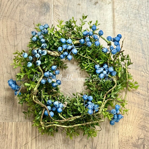 Blueberry and Boxwood Wreath, Farmhouse Berry Boxwood Wreath, Eucalyptus Candle Ring, Kitchen Cabinets, Camper Decor