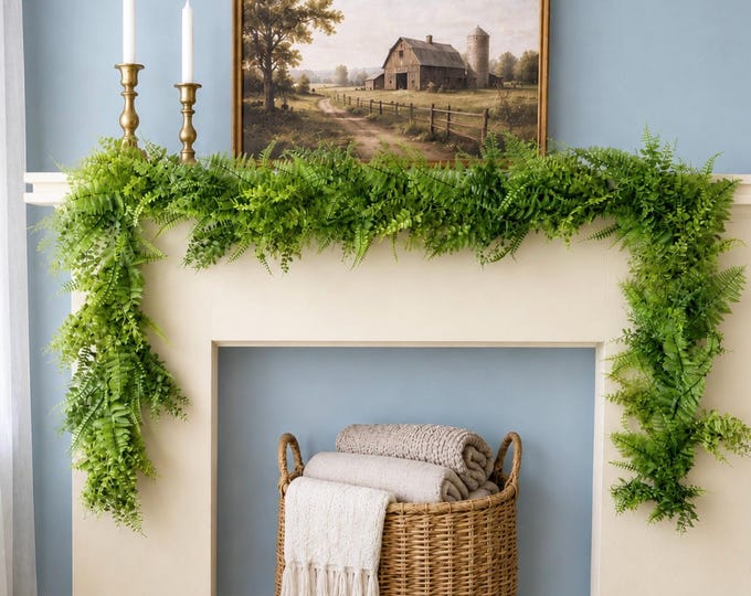 Artificial Fern Garland, Woodland Greenery, Mantle Fireplace Decor, Farmhouse Style