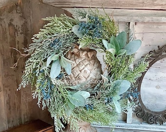 Winter Blueberry Wreath, Blue Juniper Candle Wreath, Hanukkah Wreath, Blue Farmhouse Candle Ring, Kitchen Cabinet Wreath - BSLB