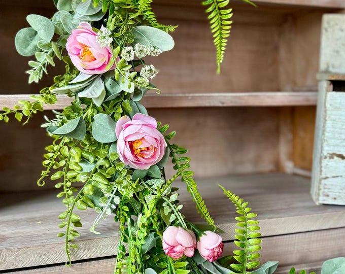 Pink Rose Garland, Pink Wildflower Garland, Summer Garland for Fireplace, Mantle Garland Decor, Wildflower Wedding Garland