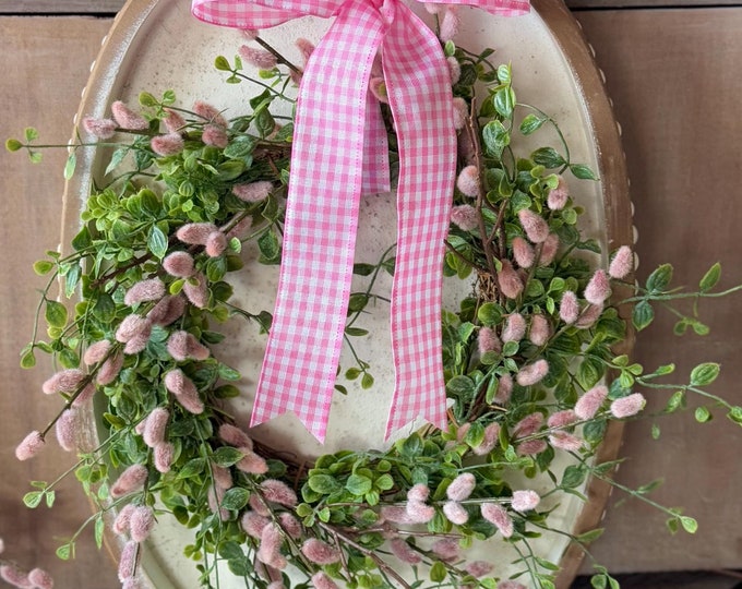 Pink Pussy Willow Wreath, Pink Candle Wreath, Valentines Day Wreath, Pink Mothers Day Gift, Window Wreath, Mini Wreath
