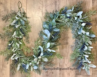 Blue Juniper Garland, Lambs Ear Garland, Blue Winter Garland, Christmas Cedar Garland, Fireplace Mantle Decor, Farmhouse Decorations