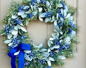 NEW 2024 Summer Blueberry Wreath, Lambs Ear Wreath, Blue Front Door Wreath, Year Round Everyday Wreath