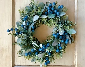 BEST SELLER Summer Wreath, Blueberry Wreath for Front Door, Farmhouse Decor, Summer Candle Wreath Ring, Lambs Ear Wreath