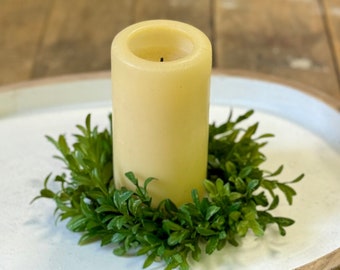 Boxwood Candle Wreath, Tea Leaf Greenery Accent Ring, Pillar Candle Wreath, Mantle Decor, Dining Table Decor, Kitchen Cabinet Decor