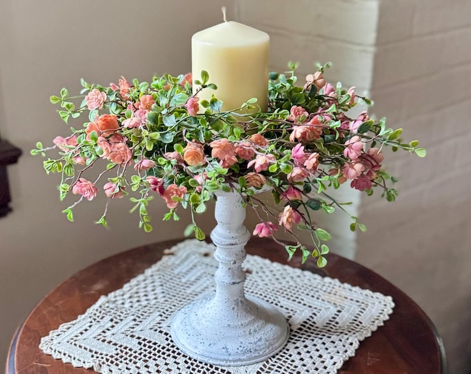 Pink Floral Candle Wreath, Table Centerpiece, Spring Summer Decor
