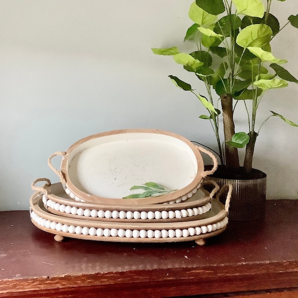 Set Wood Beaded Tray, Beaded Tray, Decorative Tray, Wooden Tray, Farmhouse Tray, Candle Tray, Plant Tray,