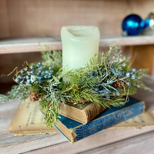 Blue Juniper Christmas Candle Wreath, Blue Candle Wreath, Blue Christmas Decor, Handmade Gift, Table Decorations, Kitchen Cabinet Wreath