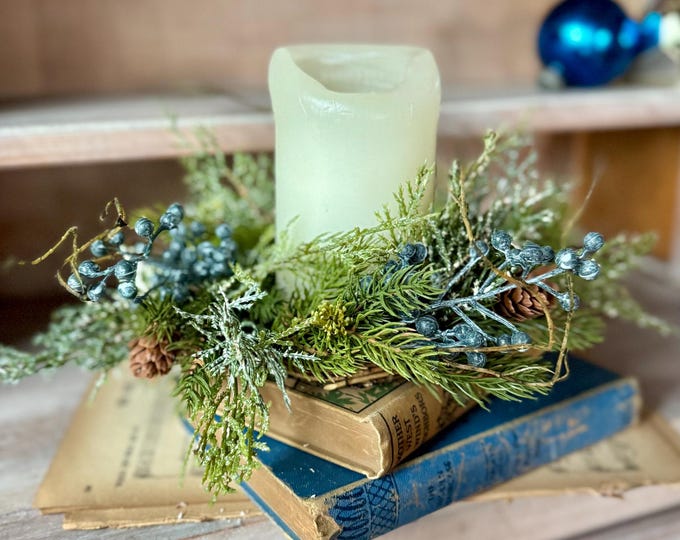 Blue Juniper Christmas Candle Wreath, Blue Candle Wreath, Blue Christmas Decor, Handmade Gift, Table Decorations, Kitchen Cabinet Wreath