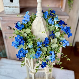 Blue Hydrangea Candle Ring, Small Farmhouse Wreath, Spring Summer Centerpiece, Mini Floral Wreath, Cottage Kitchen Decor, Table Decor,