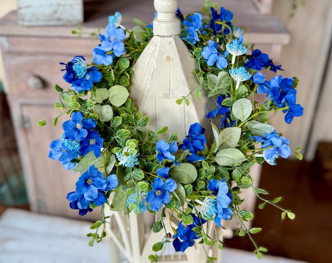 Blue Hydrangea Candle Ring, Small Farmhouse Wreath, Spring Summer Centerpiece, Mini Floral Wreath, Cottage Kitchen Decor, Table Decor,
