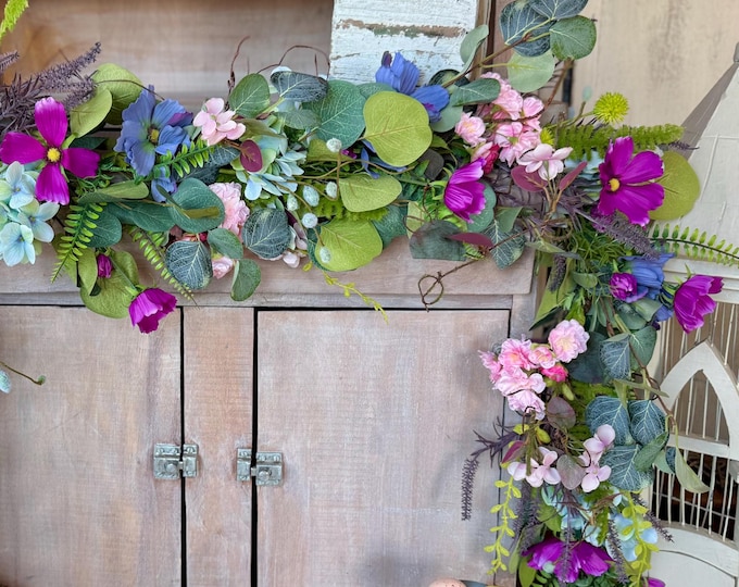 Summer Wildflower Garland, Spring Floral Garland, Summer Wedding Garland, Kitchen Cabinet Garland, Porch Decor, Table Centerpiece Decor