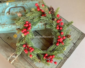 Spruce Pine and Berry Candle Wreaths, Pine Berry Christmas Candle Wreath, Vintage Style Christmas, Juniper Pine Wreath