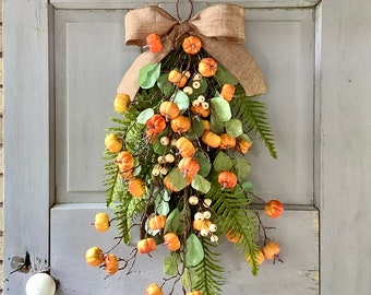 Fall Wreath Swag, Pumpkin Door Wreath, Fall Pumpkin Swag, Thanksgiving Harvest Decorations, Farmhouse Decor