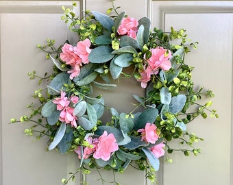 Pink Mothers Day Candle Wreath, Floral Wreath, Summer Candle Wreath, Lambs Ear Wreath, Nursery Decor, Bridal Shower, Kitchen Cabinets