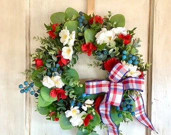 Patriotic Wreath for Front Door, Red White Blue, Patriotic Summer Decor, Military, Americana, Memorial, Red White Blue, Fourth of July