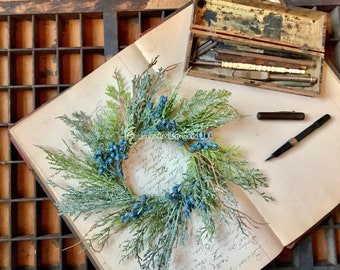 Blue Juniper Christmas Candle Wreath, Blue Candle Wreath, Blue Christmas Decor, Handmade Gift, Table Decorations, Kitchen Cabinet Wreath
